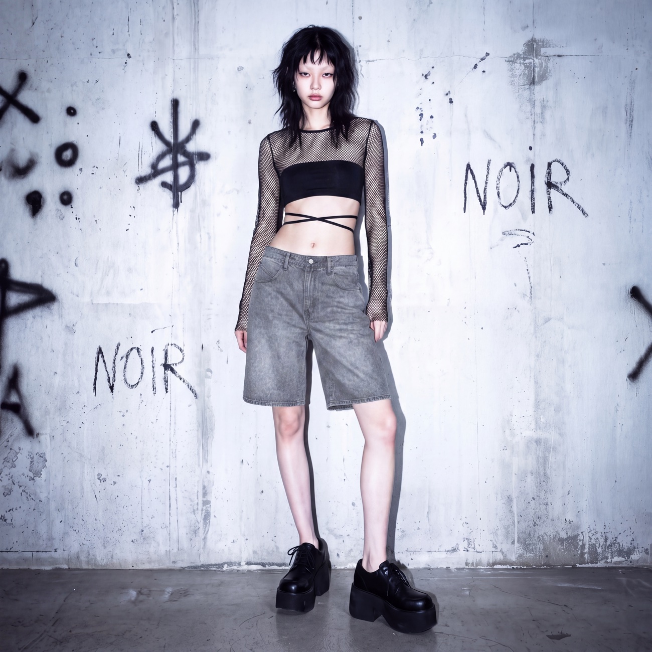 NOIR 2026 Lookbook — model against a NOIR graffiti concrete wall