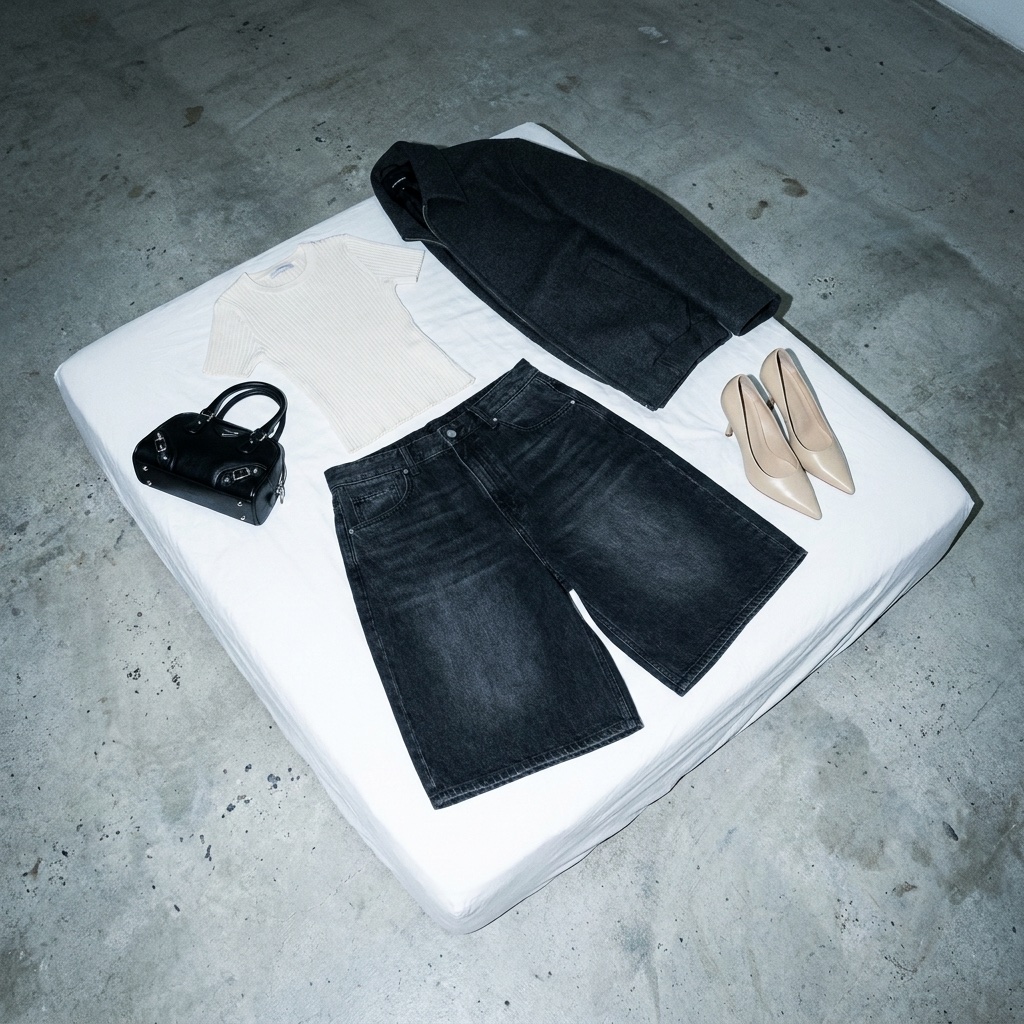 NOIR 2026 Lookbook — styling flat-lay of the jorts