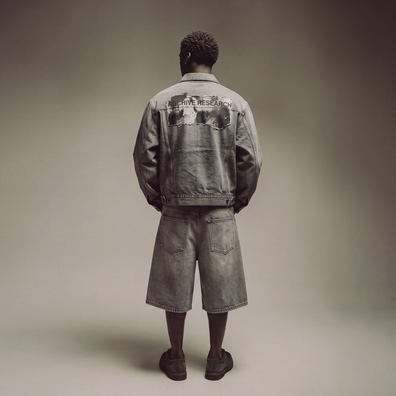 NOIR 2026 Lookbook — back view, washed denim jacket and jorts