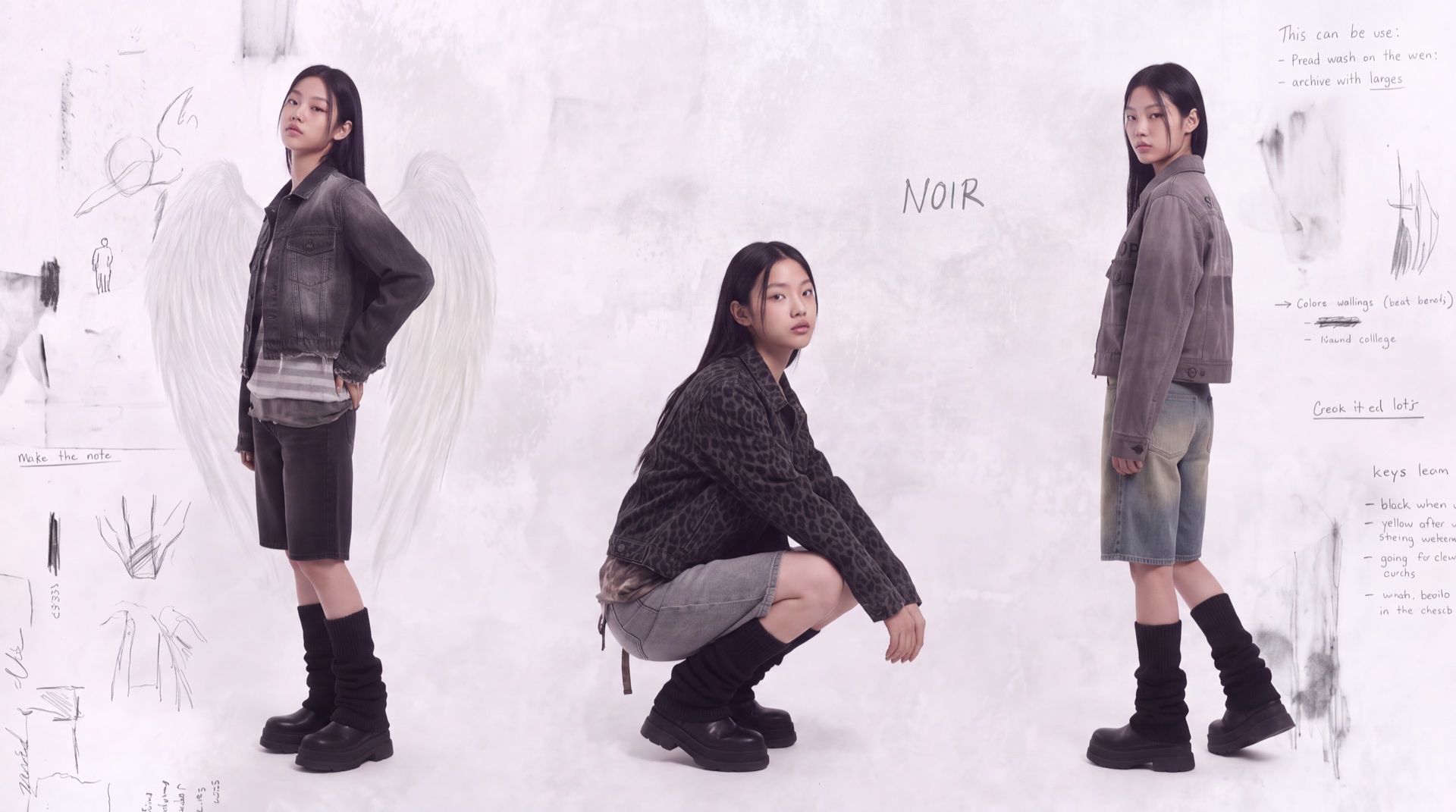 NOIR 2026 Lookbook — collection line-up with design annotations