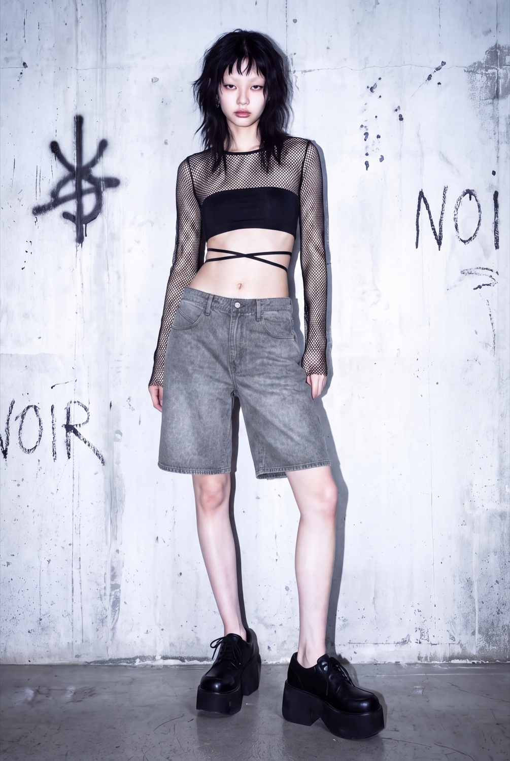 NOIR — grey jorts against a NOIR graffiti wall